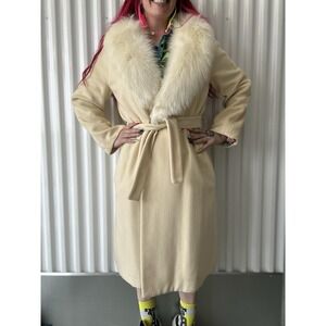 1960s/70s Vintage Wool Pea Trench Coat W/Real Fox Trim White Fox Fur Sz M/L
